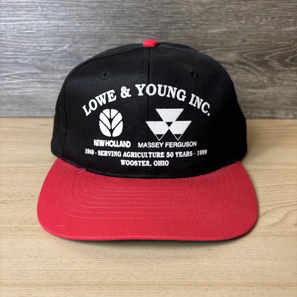 VINTAGE New Holland Massey Ferguson Hat Cap Snap Back Black Red Embroidered 90s